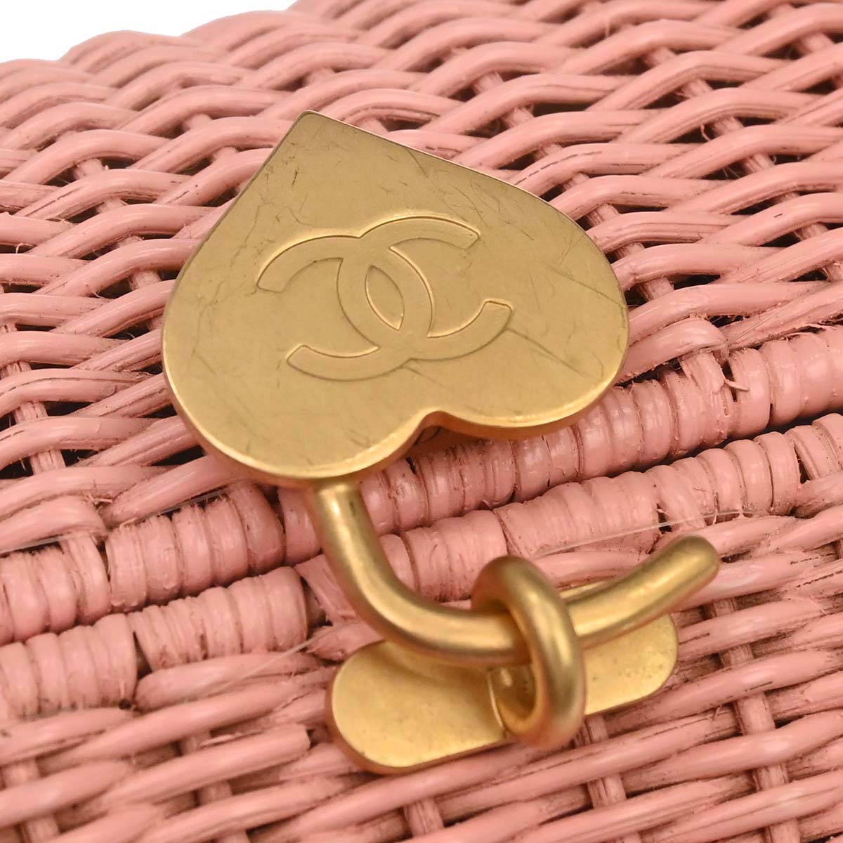Chanel 2005-2006 Pink Rattan Heart Lock Basket Bag 2way Shoulder Handbag