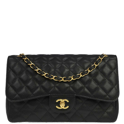 Chanel 2017-2018 Black Caviar Skin Jumbo Classic Double Flap Shoulder Bag