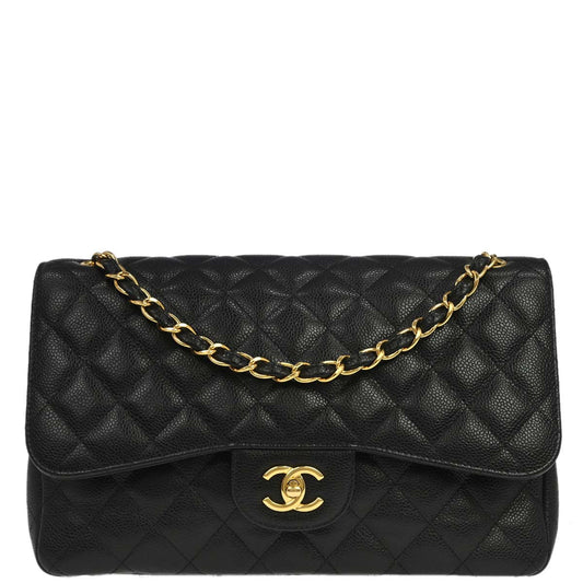 Chanel 2017-2018 Black Caviar Skin Jumbo Classic Double Flap Shoulder Bag