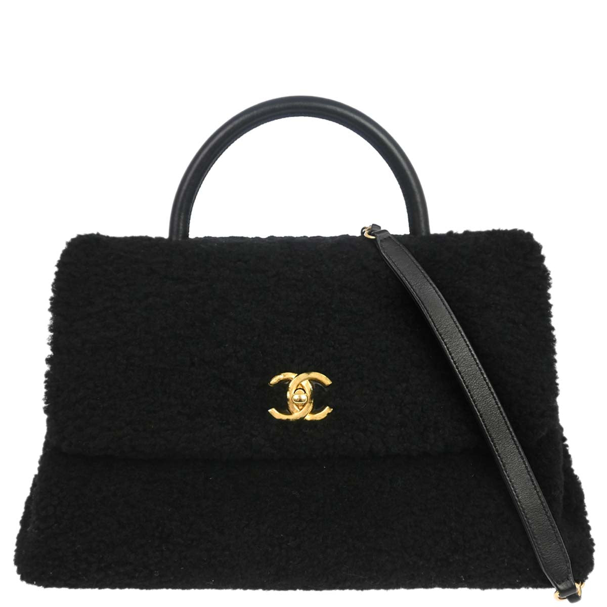 Chanel 2017 Black Shearling Coco Handle 2way Shoulder Handbag