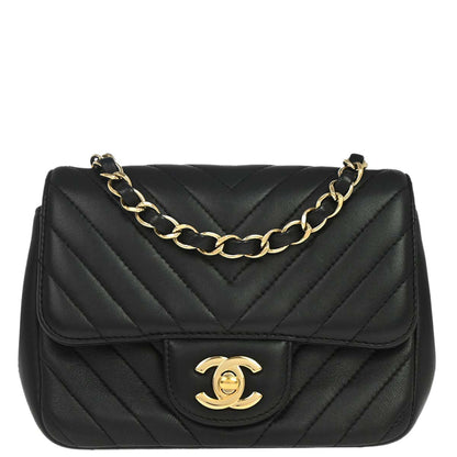 Chanel Black Lambskin Chevron Mini Classic Square Flap Shoulder Bag 17