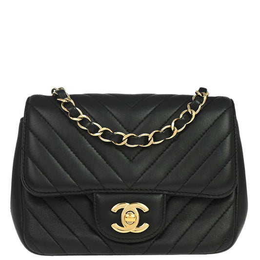 Chanel Black Lambskin Chevron Mini Classic Square Flap Shoulder Bag 17