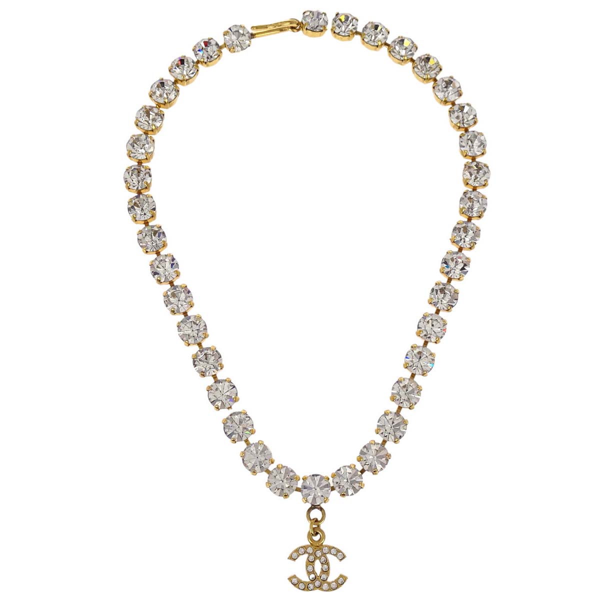 Chanel CC Chain Pendant Necklace Gold Rhinestone