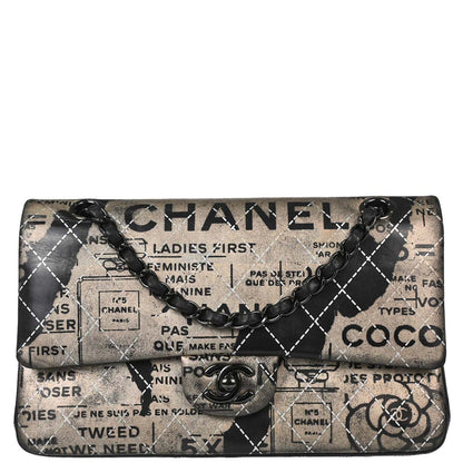 Chanel Beige Lambskin Limited Newspaper Medium Classic Double Flap Bag