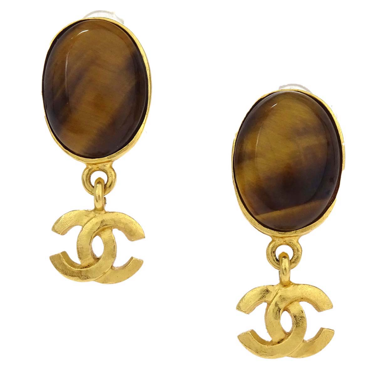 Chanel Dangle CC Oval Clip-On Earrings Gold Tiger's Eye 95A