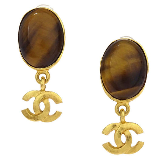Chanel Dangle CC Oval Clip-On Earrings Gold Tiger's Eye 95A