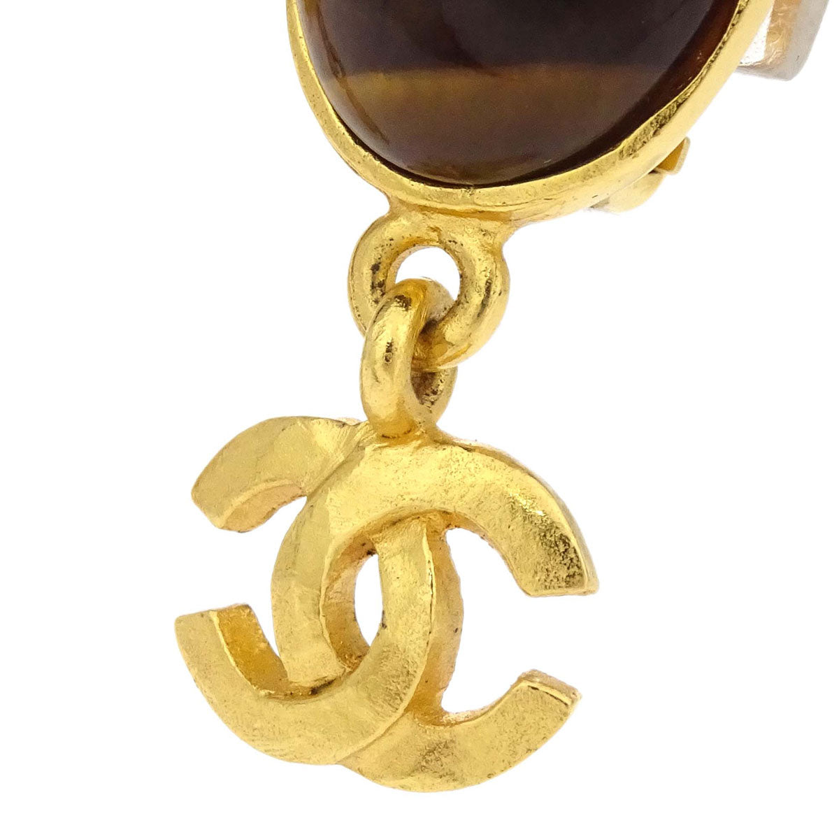 Chanel Dangle CC Oval Clip-On Earrings Gold Tiger's Eye 95A