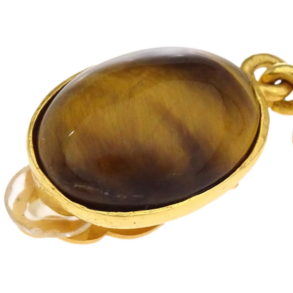 Chanel Dangle CC Oval Clip-On Earrings Gold Tiger's Eye 95A