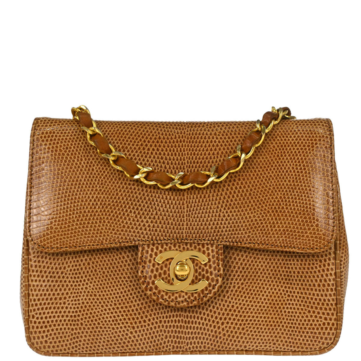 Chanel * 1989-1991 Brown Lizard Mini Classic Square Flap Shoulder Bag 17