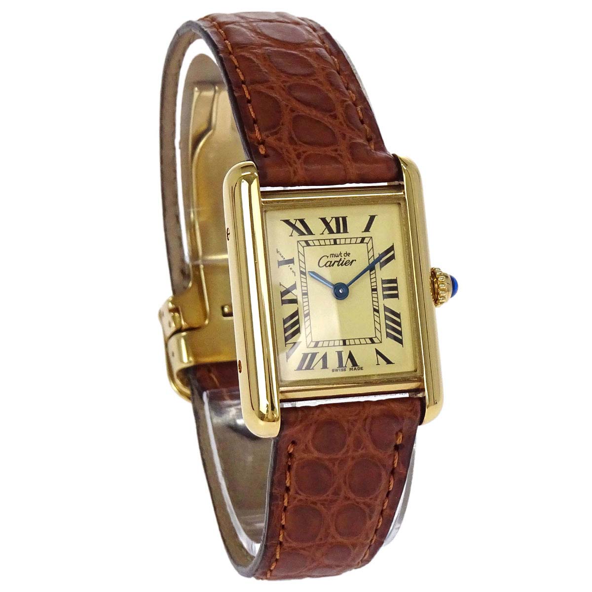 Cartier * Must Tank SM 21mm Ref.2415 Quartz Watch SV925 Crocodile Brown