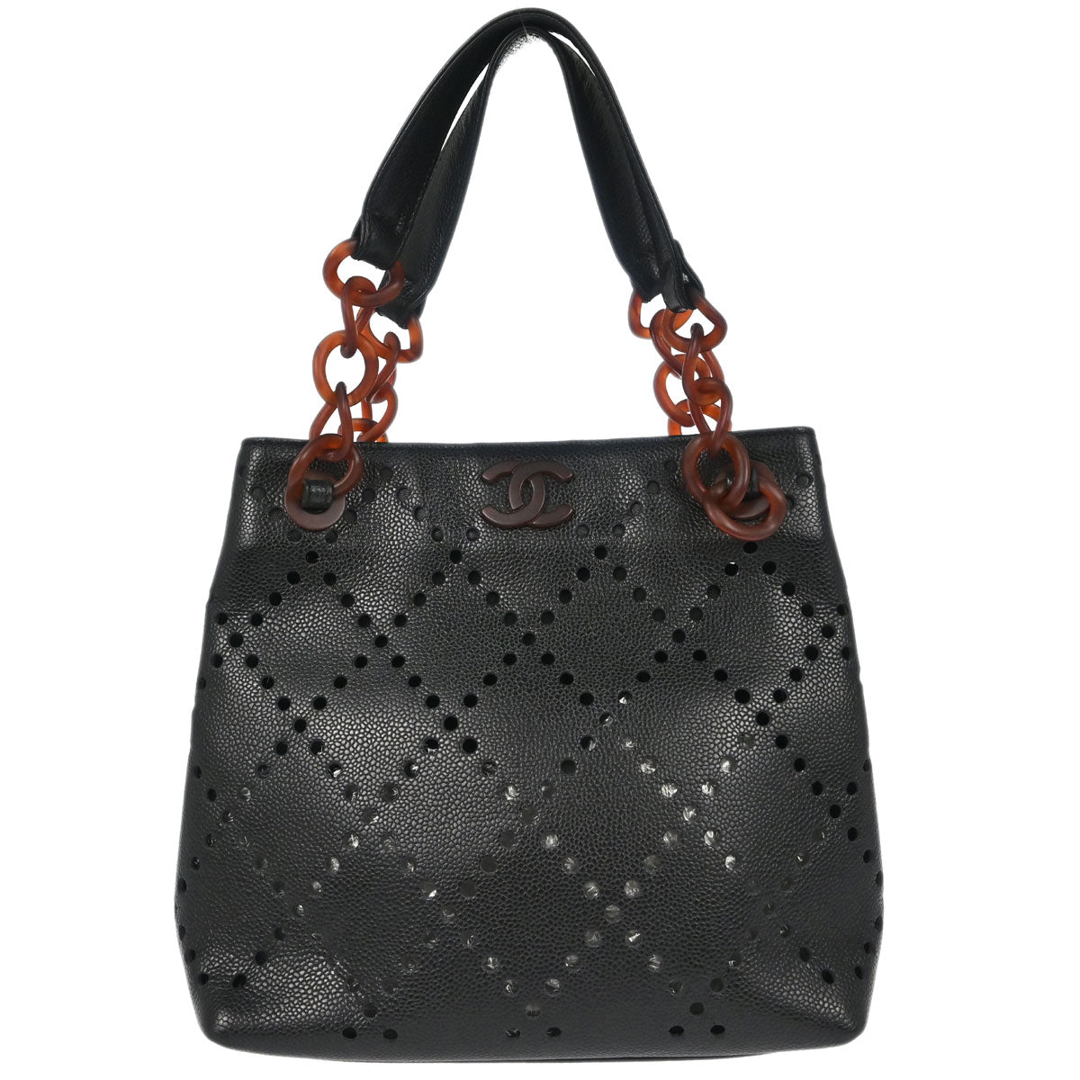 Chanel 2003-2004 Black Perforated Caviar Skin Tote Chain Handbag