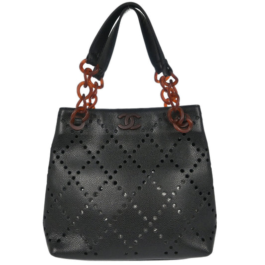 Chanel 2003-2004 Black Perforated Caviar Skin Tote Chain Handbag