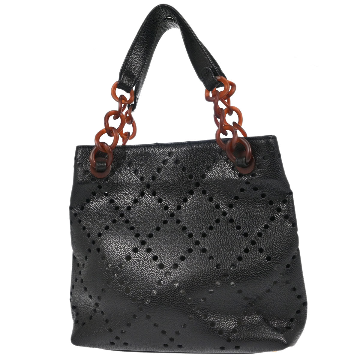 Chanel 2003-2004 Black Perforated Caviar Skin Tote Chain Handbag