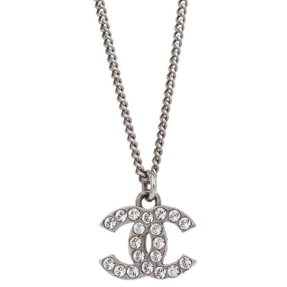 Chanel CC Chain Necklace Pendant Silver Rhinestone F12V
