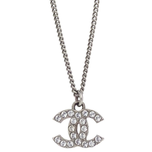 Chanel CC Chain Necklace Pendant Silver Rhinestone F12V