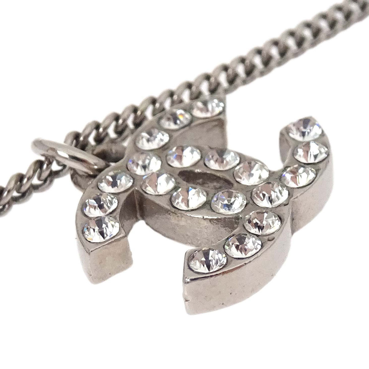 Chanel CC Chain Necklace Pendant Silver Rhinestone F12V