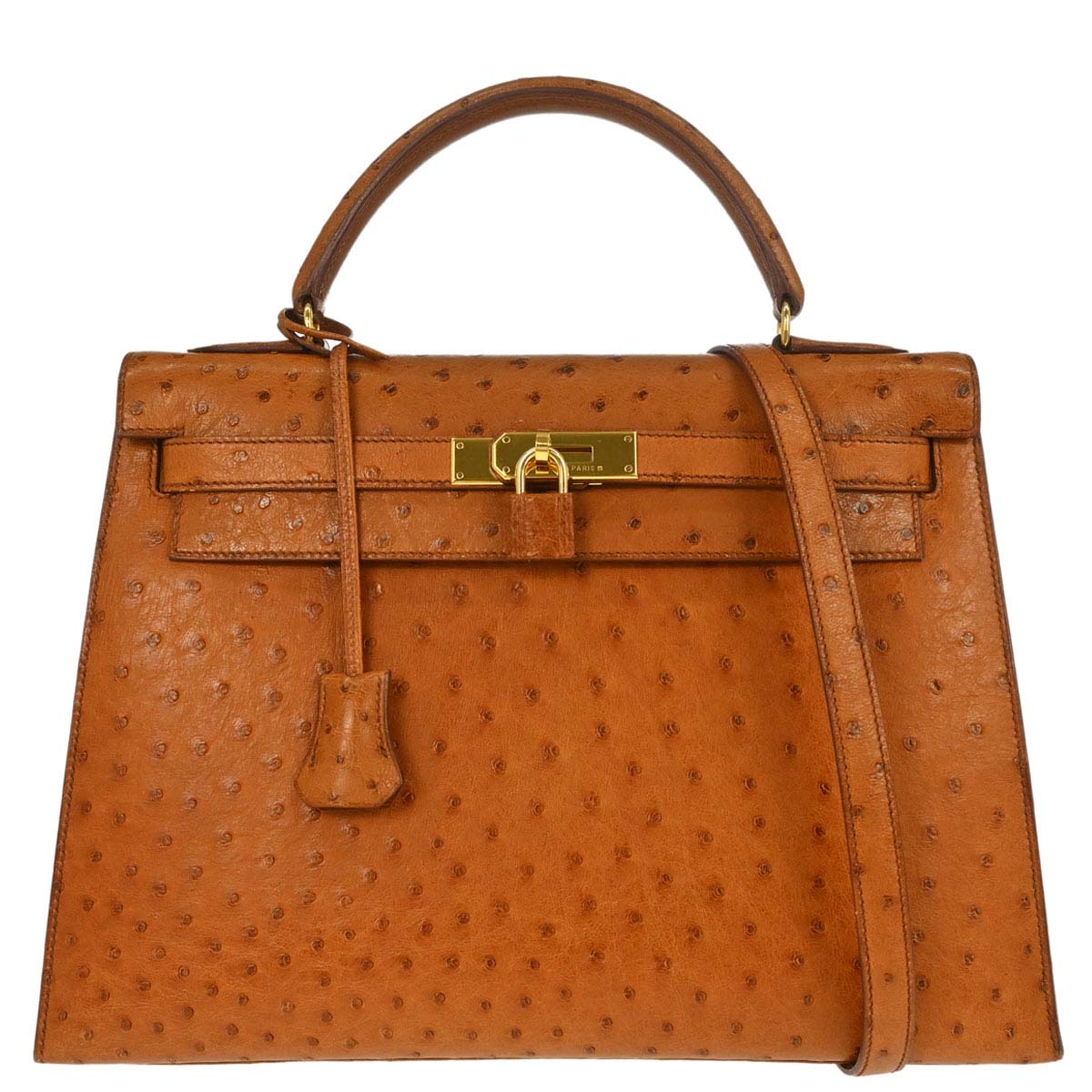 Hermes * Cognac Ostrich Kelly 32 Sellier 2way Shoulder Handbag
