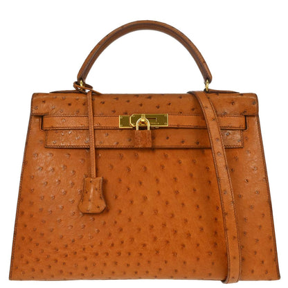 Hermes * Cognac Ostrich Kelly 32 Sellier 2way Shoulder Handbag