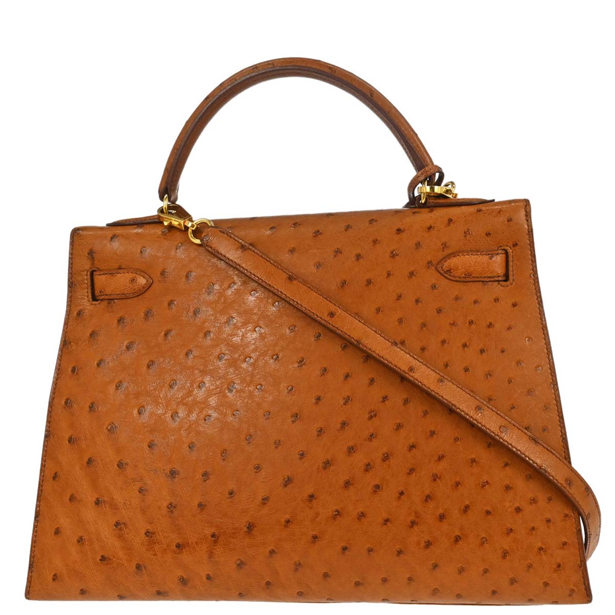 Hermes * Cognac Ostrich Kelly 32 Sellier 2way Shoulder Handbag