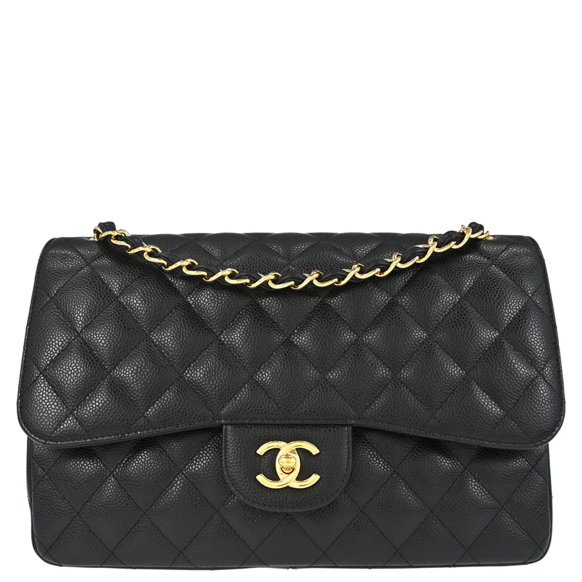 Chanel 2014 Black Caviar Skin Jumbo Classic Double Flap Shoulder Bag