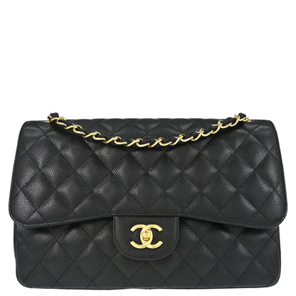 Chanel 2014 Black Caviar Skin Jumbo Classic Double Flap Shoulder Bag