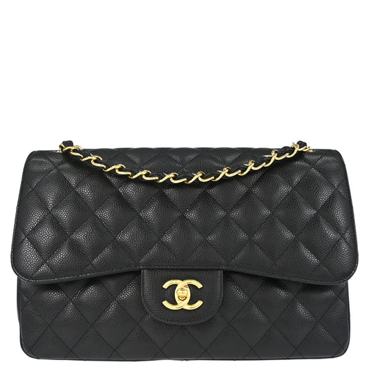 Chanel 2014 Black Caviar Skin Jumbo Classic Double Flap Shoulder Bag