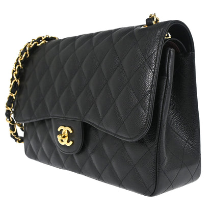 Chanel 2014 Black Caviar Skin Jumbo Classic Double Flap Shoulder Bag
