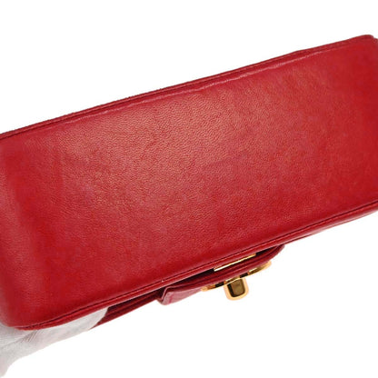 Chanel 1991-1994 Red Lambskin Horizontal Stitch Double Flap Shoulder Bag