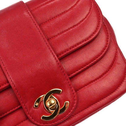 Chanel 1991-1994 Red Lambskin Horizontal Stitch Double Flap Shoulder Bag