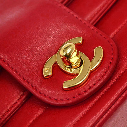 Chanel 1991-1994 Red Lambskin Horizontal Stitch Double Flap Shoulder Bag