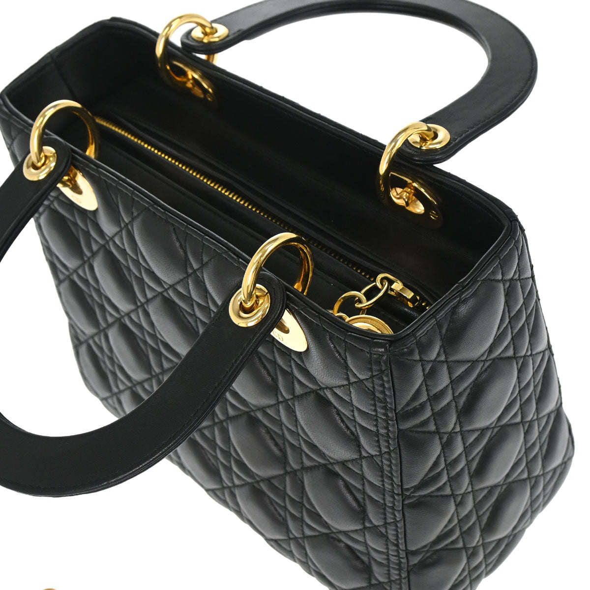 Christian Dior Black Lambskin Medium Lady Dior Cannage 2way Shoulder Handbag