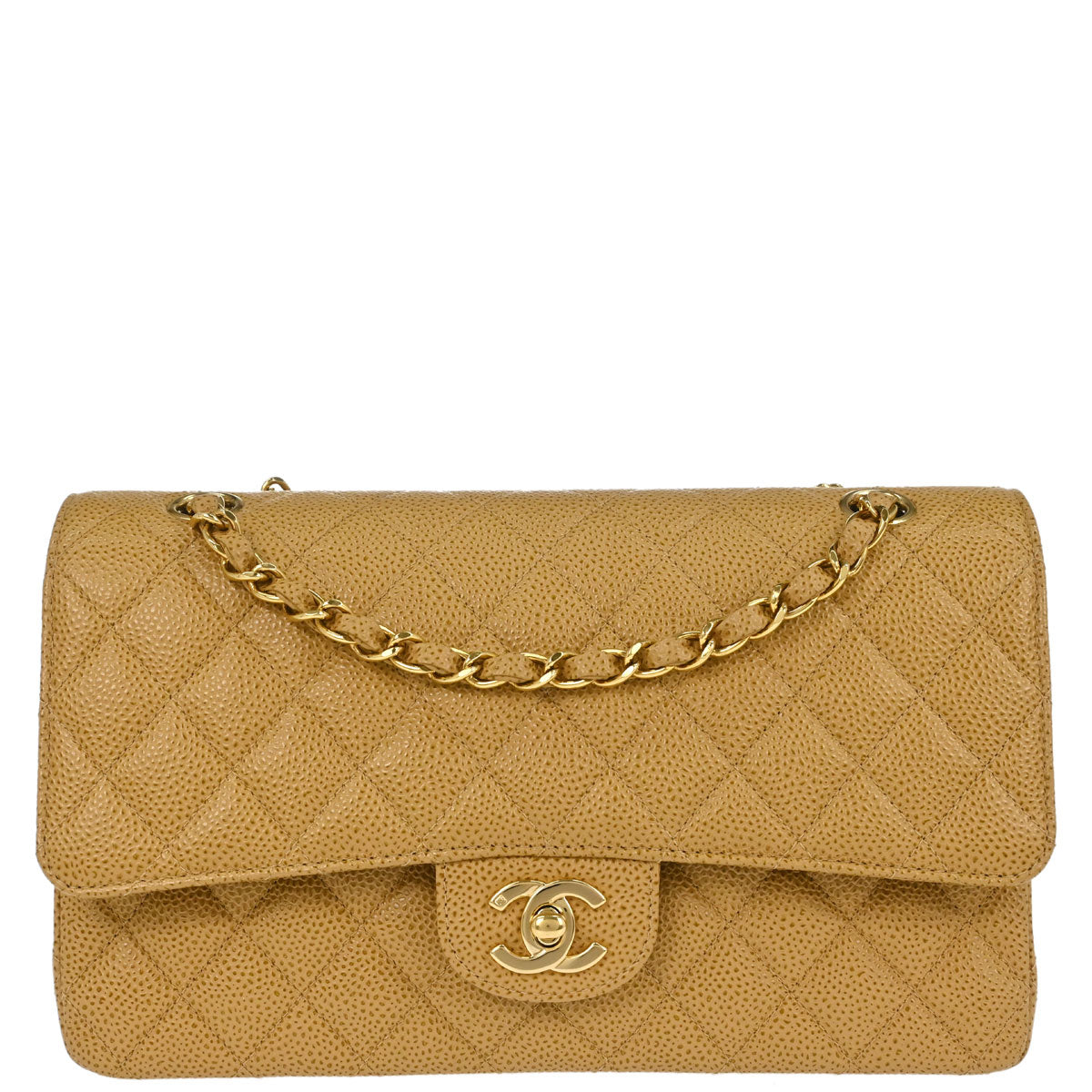 Chanel 2002-2003 Beige Caviar Skin Medium Classic Double Flap Shoulder Bag