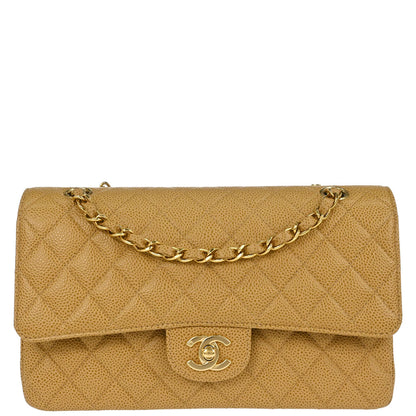 Chanel 2002-2003 Beige Caviar Skin Medium Classic Double Flap Shoulder Bag