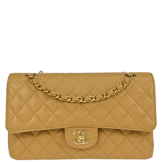 Chanel 2002-2003 Beige Caviar Skin Medium Classic Double Flap Shoulder Bag