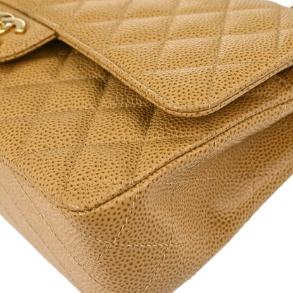 Chanel 2002-2003 Beige Caviar Skin Medium Classic Double Flap Shoulder Bag