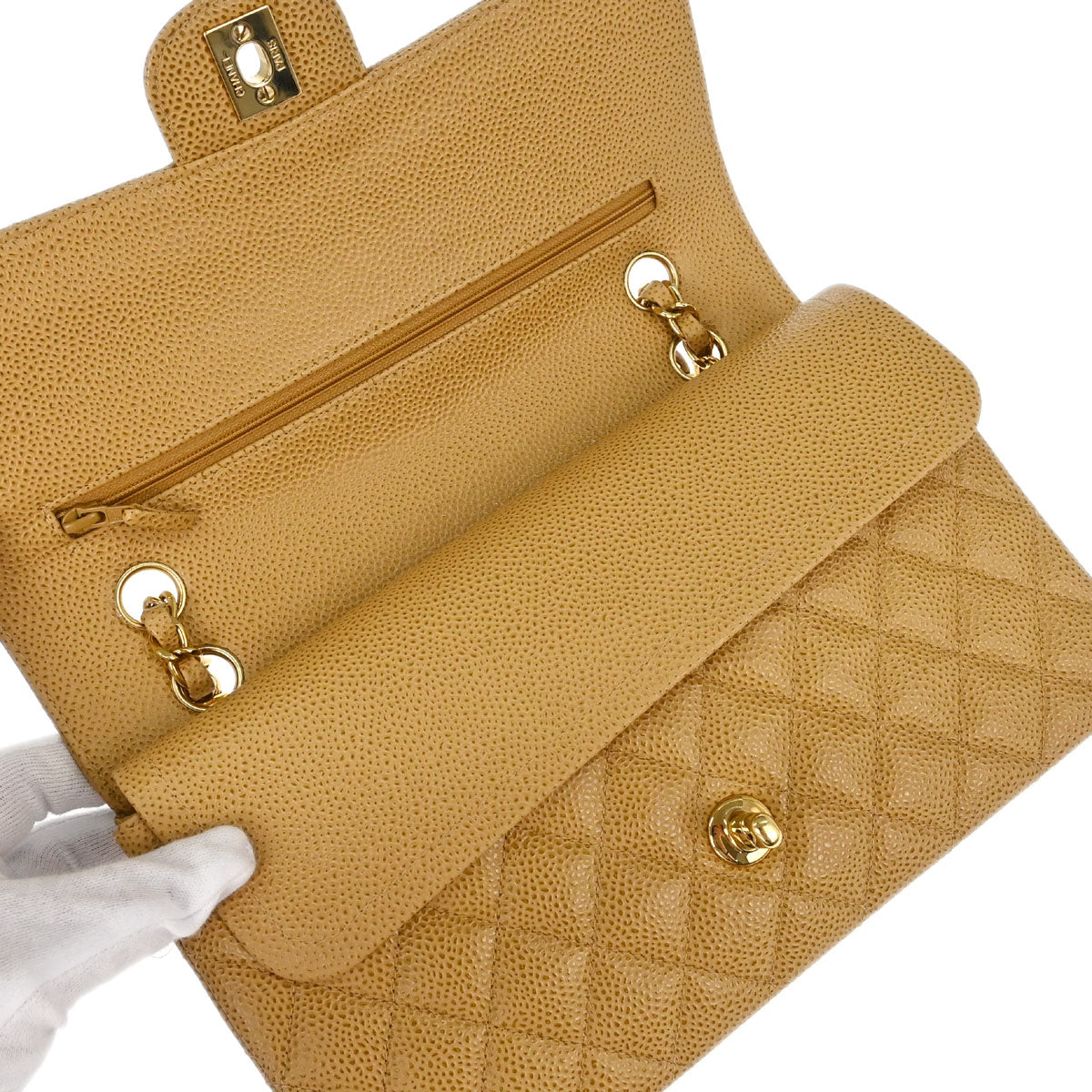 Chanel 2002-2003 Beige Caviar Skin Medium Classic Double Flap Shoulder Bag