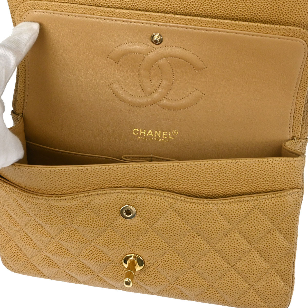 Chanel 2002-2003 Beige Caviar Skin Medium Classic Double Flap Shoulder Bag