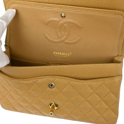 Chanel 2002-2003 Beige Caviar Skin Medium Classic Double Flap Shoulder Bag