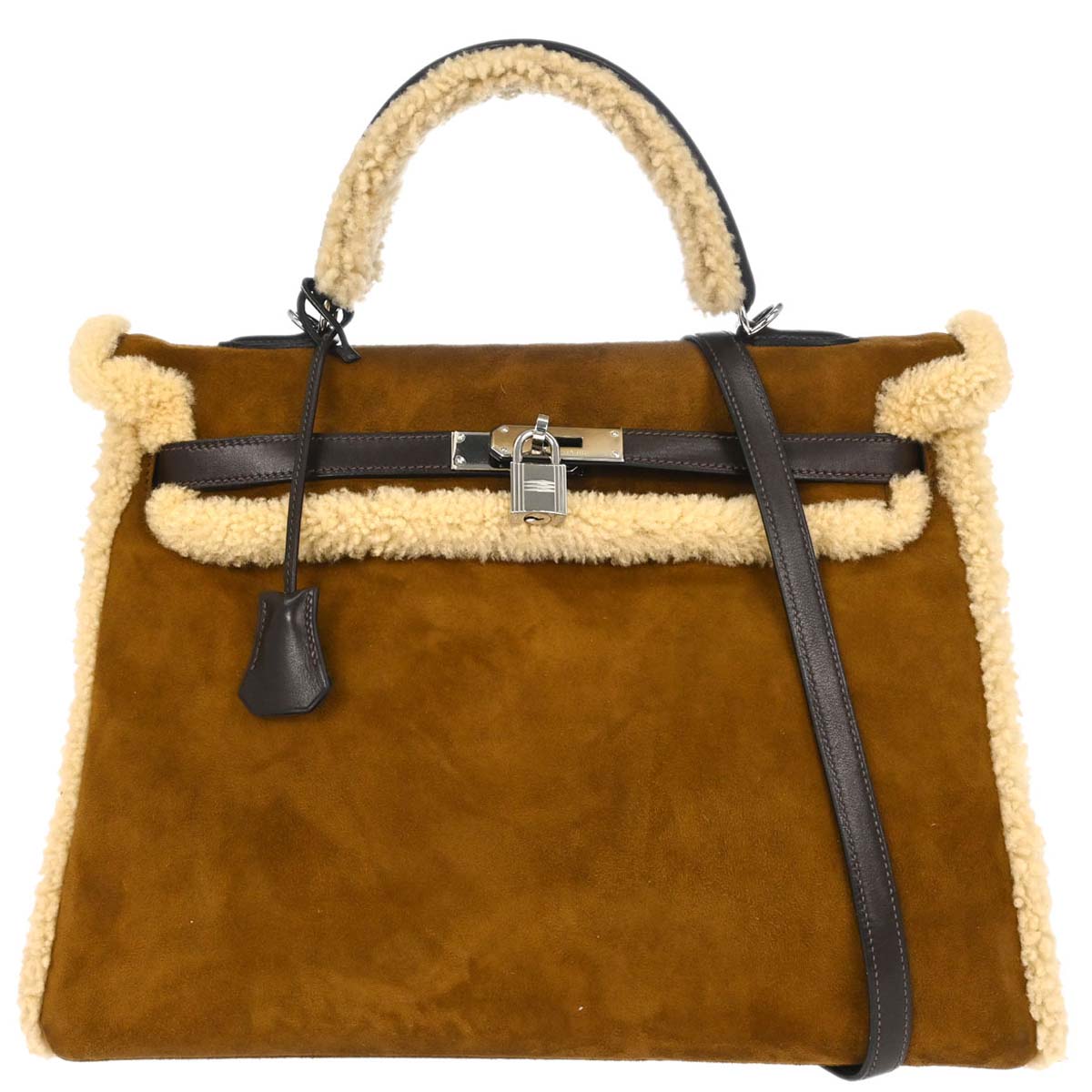 Hermes Brown Doblis Mouton Plush Teddy Kelly 35 2way Shoulder Handbag
