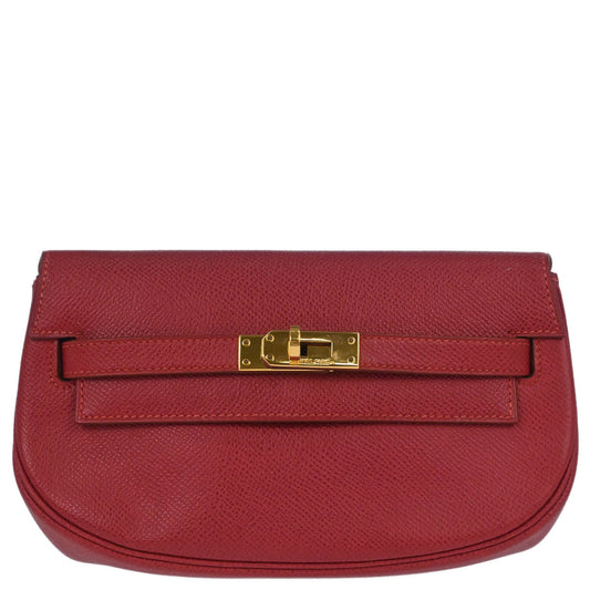 Hermes Vermilion Courchevel Banana Kelly Clutch Bag