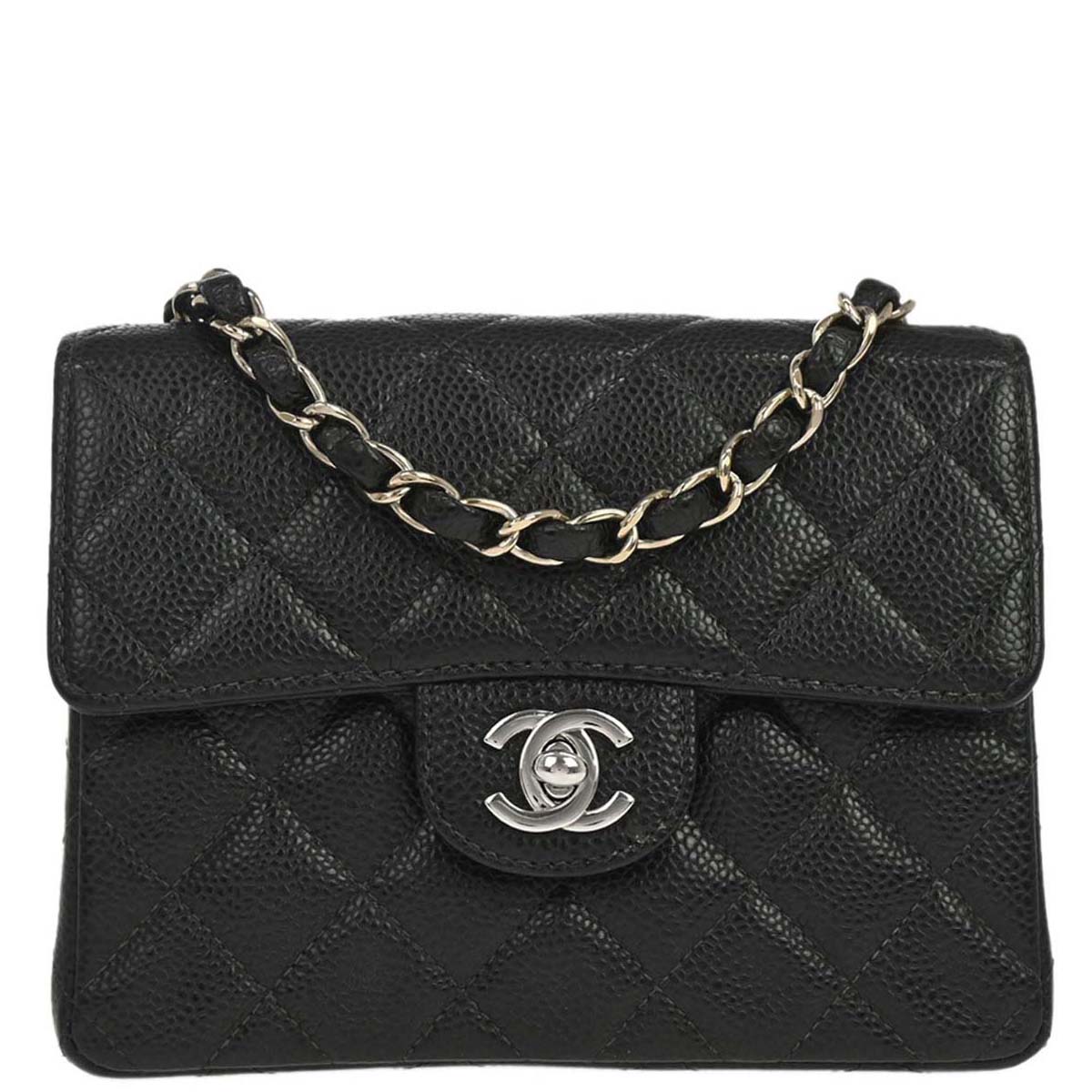 Chanel 2000-2002 Black Caviar Skin Mini Classic Square Flap Shoulder Bag 17