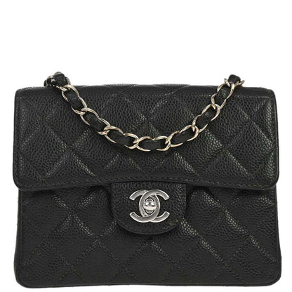 Chanel 2000-2002 Black Caviar Skin Mini Classic Square Flap Shoulder Bag 17