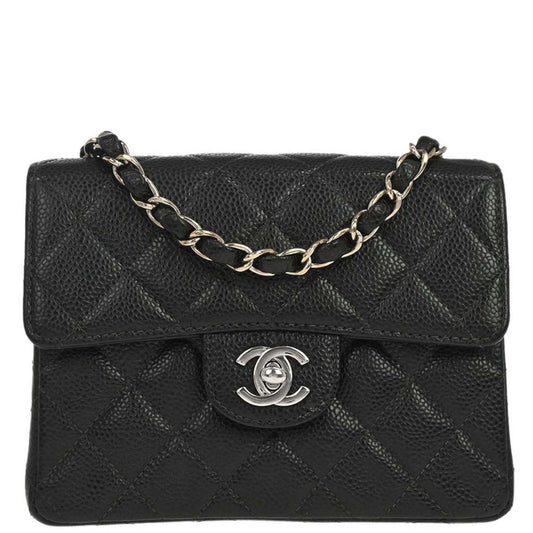 Chanel 2000-2002 Black Caviar Skin Mini Classic Square Flap Shoulder Bag 17