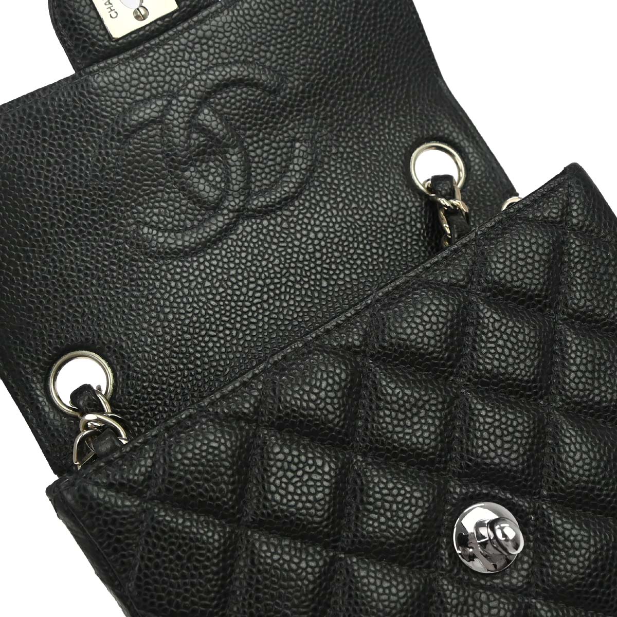 Chanel 2000-2002 Black Caviar Skin Mini Classic Square Flap Shoulder Bag 17