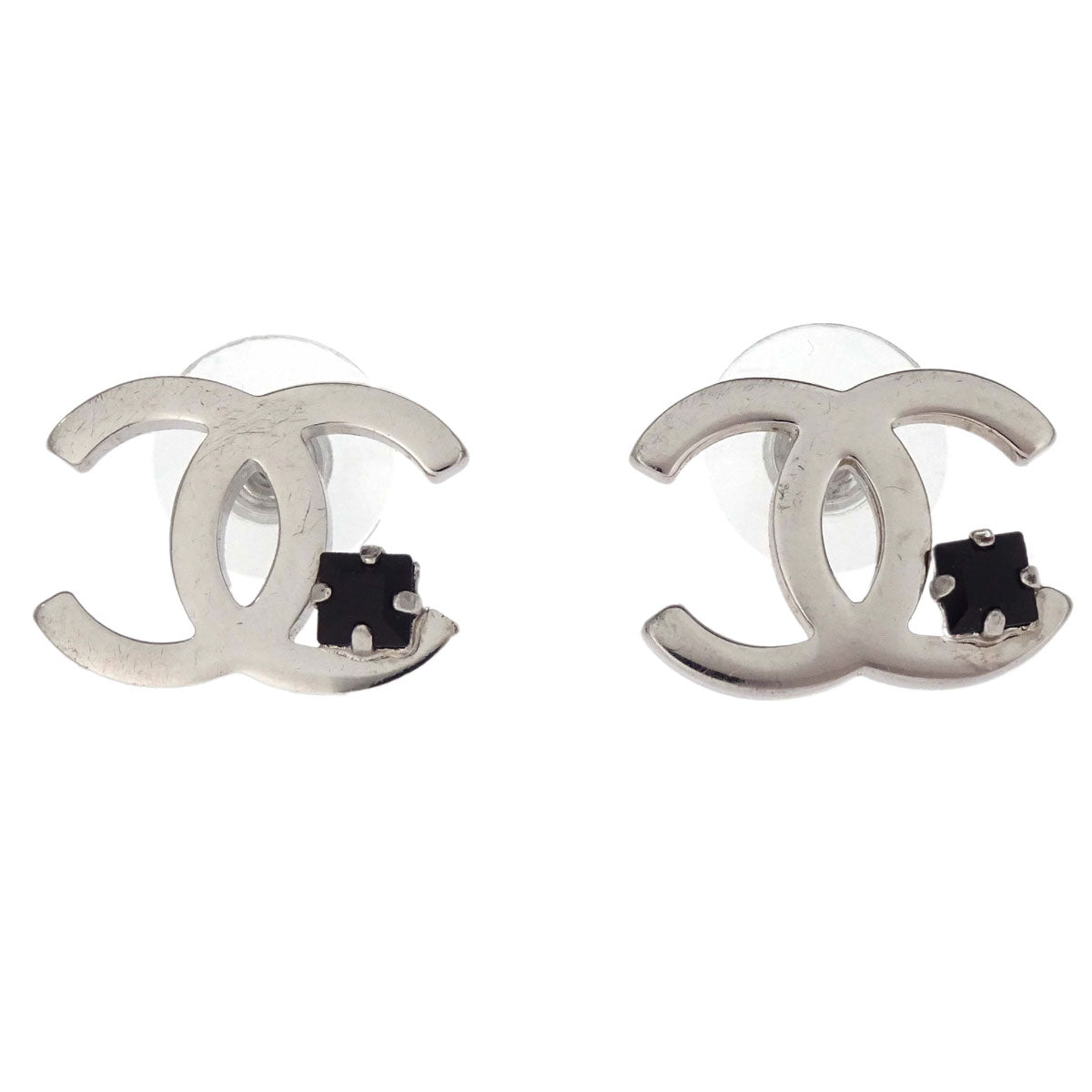 Chanel CC Pierced Earrings Silver Rhinestone 05P
