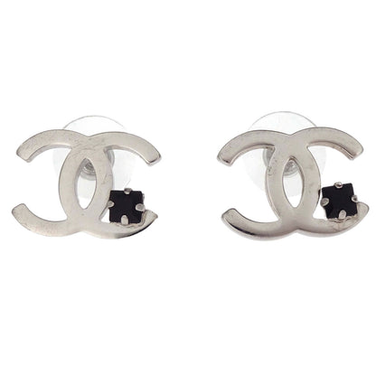 Chanel CC Pierced Earrings Silver Rhinestone 05P