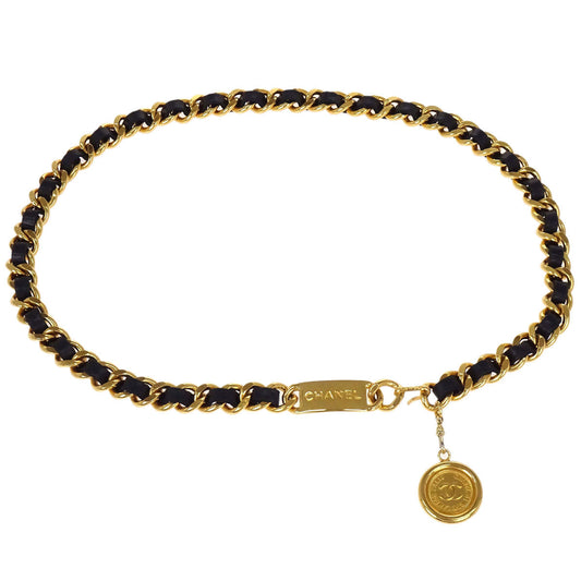 Chanel Chain Belt Medallion Gold Black Small Good