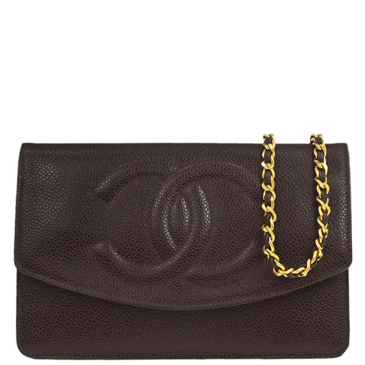 Chanel 1996-1997 Brown Caviar Skin Timeless WOC Wallet on Chain Shoulder Bag