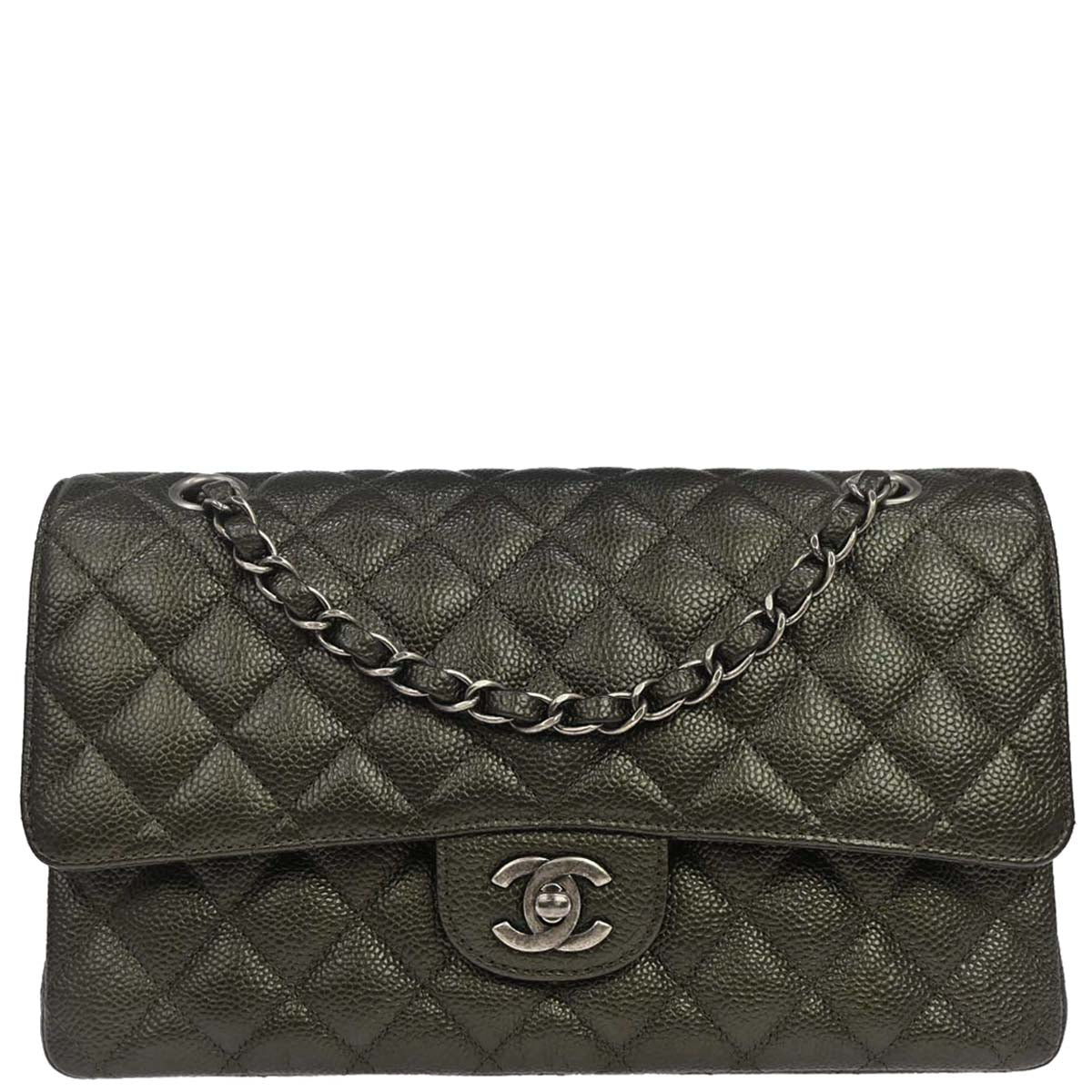 Chanel Metallic Green Caviar Skin Medium Classic Double Flap Shoulder Bag