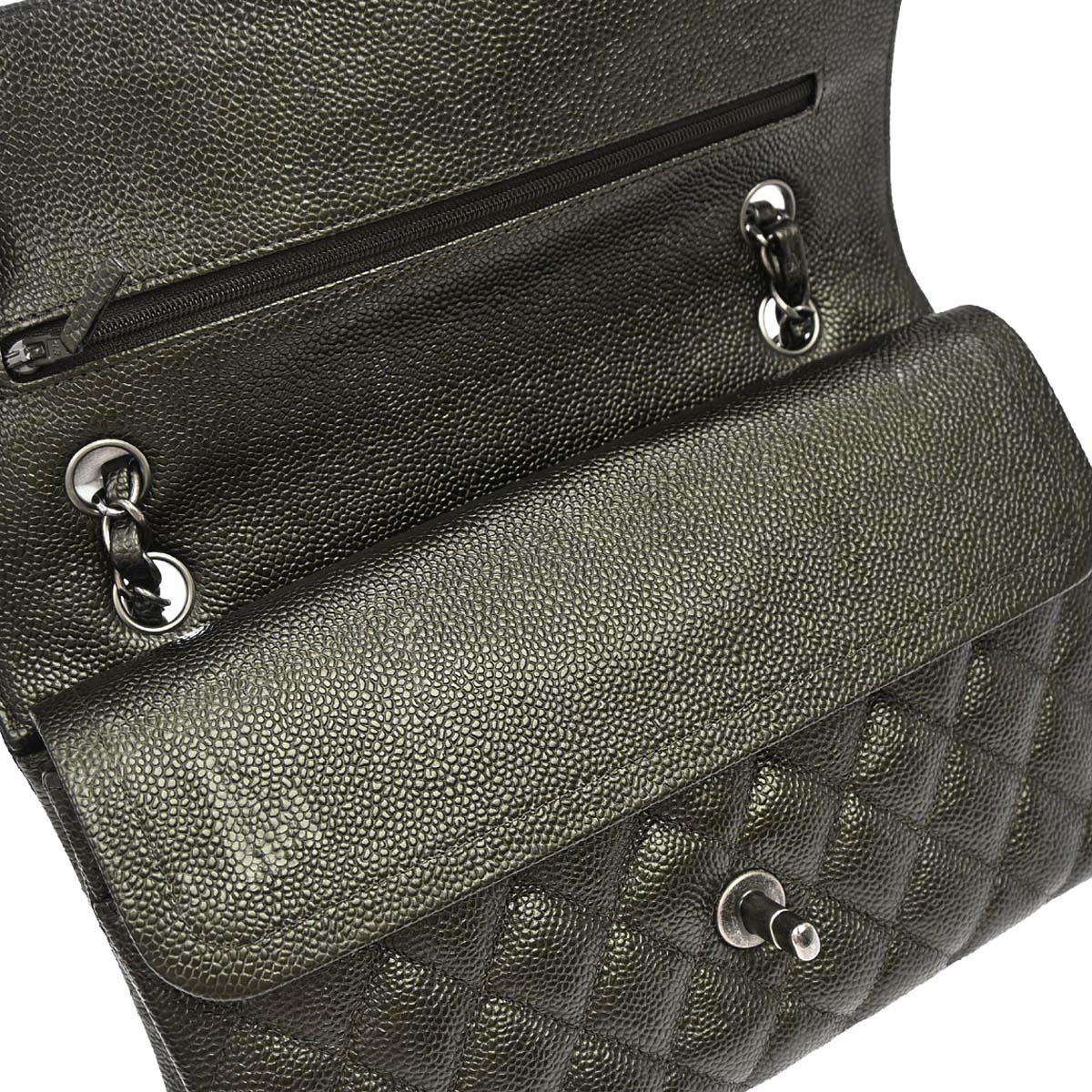 Chanel Metallic Green Caviar Skin Medium Classic Double Flap Shoulder Bag